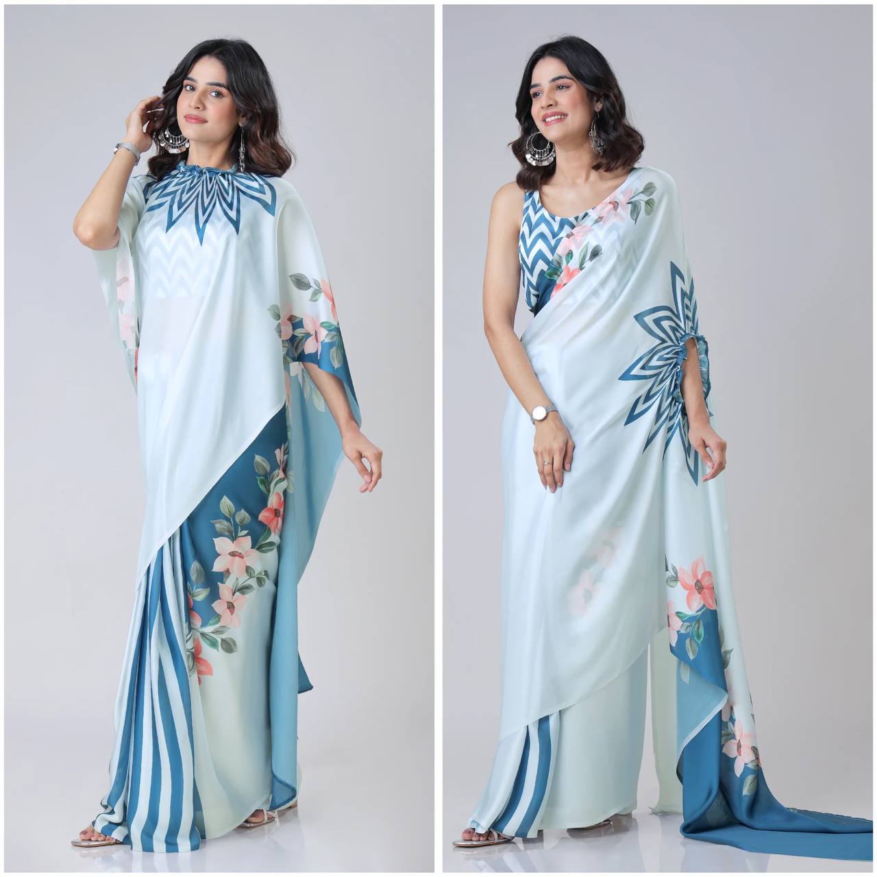 Women's Modern Dual-Tone Peach & Off-White Satin Silk Kaftan Saree with Digital Print Neck Design - Image 14
