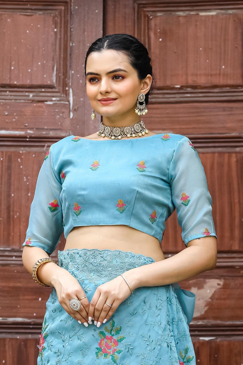 Women's Elegant Sage Green Georgette Saree with Delicate Floral Embroidery & Sequin Work – Perfect for Summer Festivities & Day Events - Image 21