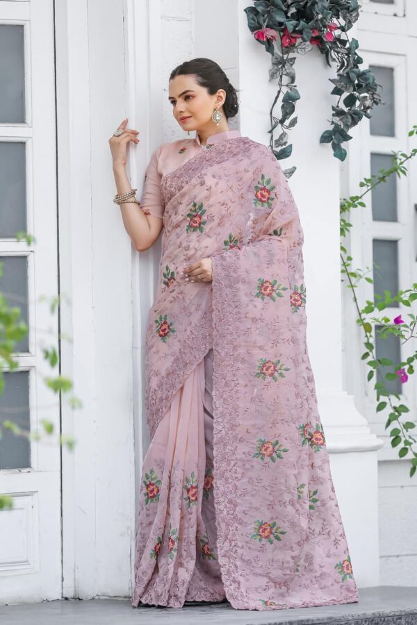 Women's Elegant Sage Green Georgette Saree with Delicate Floral Embroidery & Sequin Work – Perfect for Summer Festivities & Day Events - Image 11