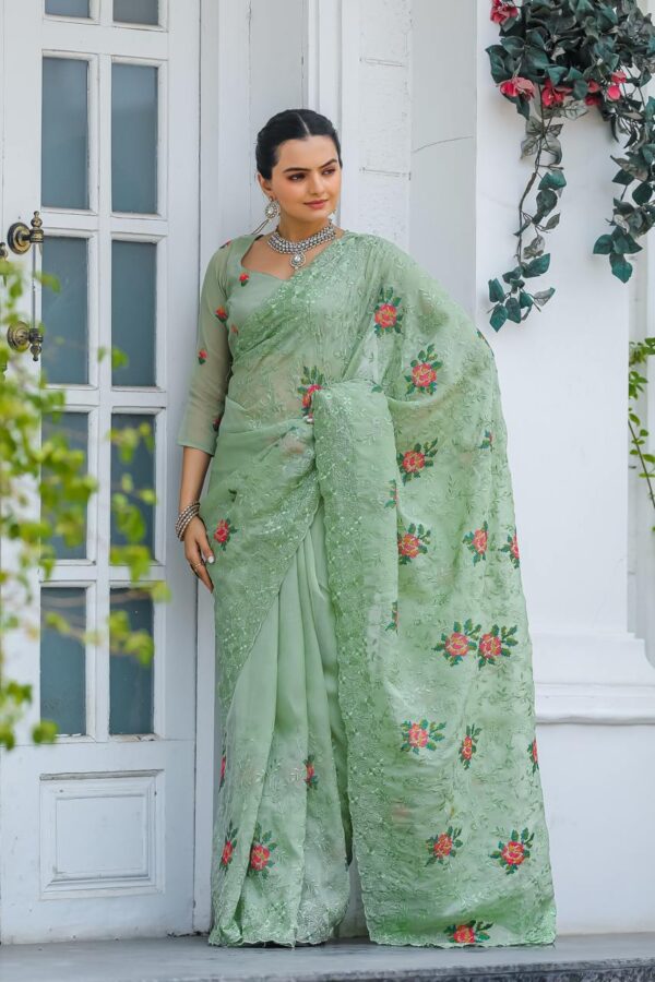 Women's Elegant Sage Green Georgette Saree with Delicate Floral Embroidery & Sequin Work – Perfect for Summer Festivities & Day Events - Image 7