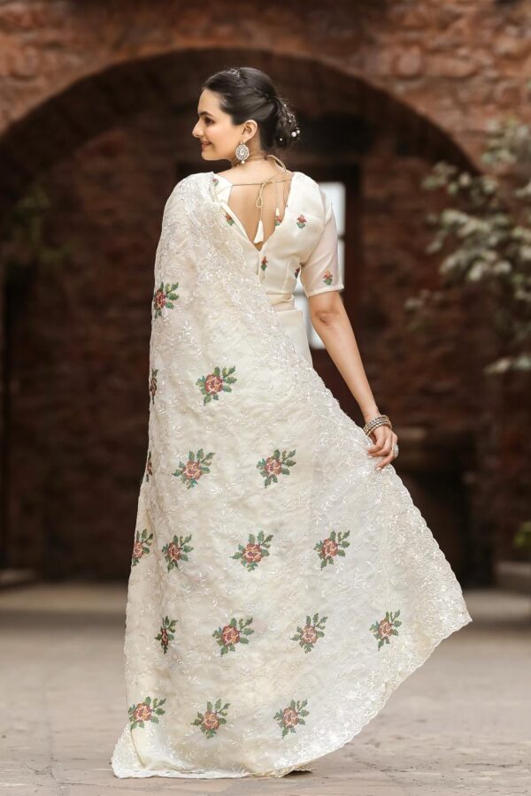 Women's Elegant Sage Green Georgette Saree with Delicate Floral Embroidery & Sequin Work – Perfect for Summer Festivities & Day Events - Image 3
