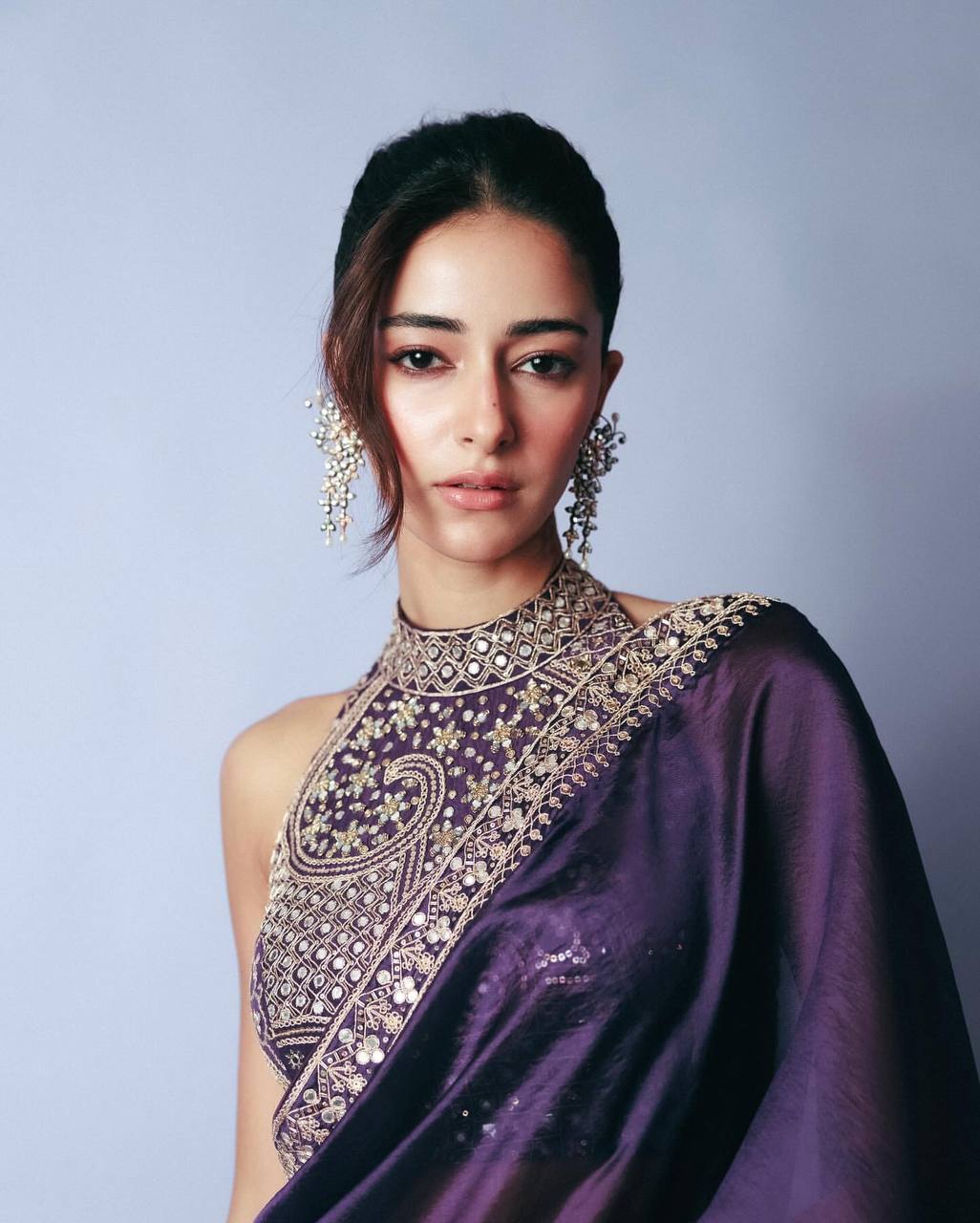 Women's Luxurious Plum Satin Saree with Intricate Zari & Sequin Embroidered Blouse - Image 6