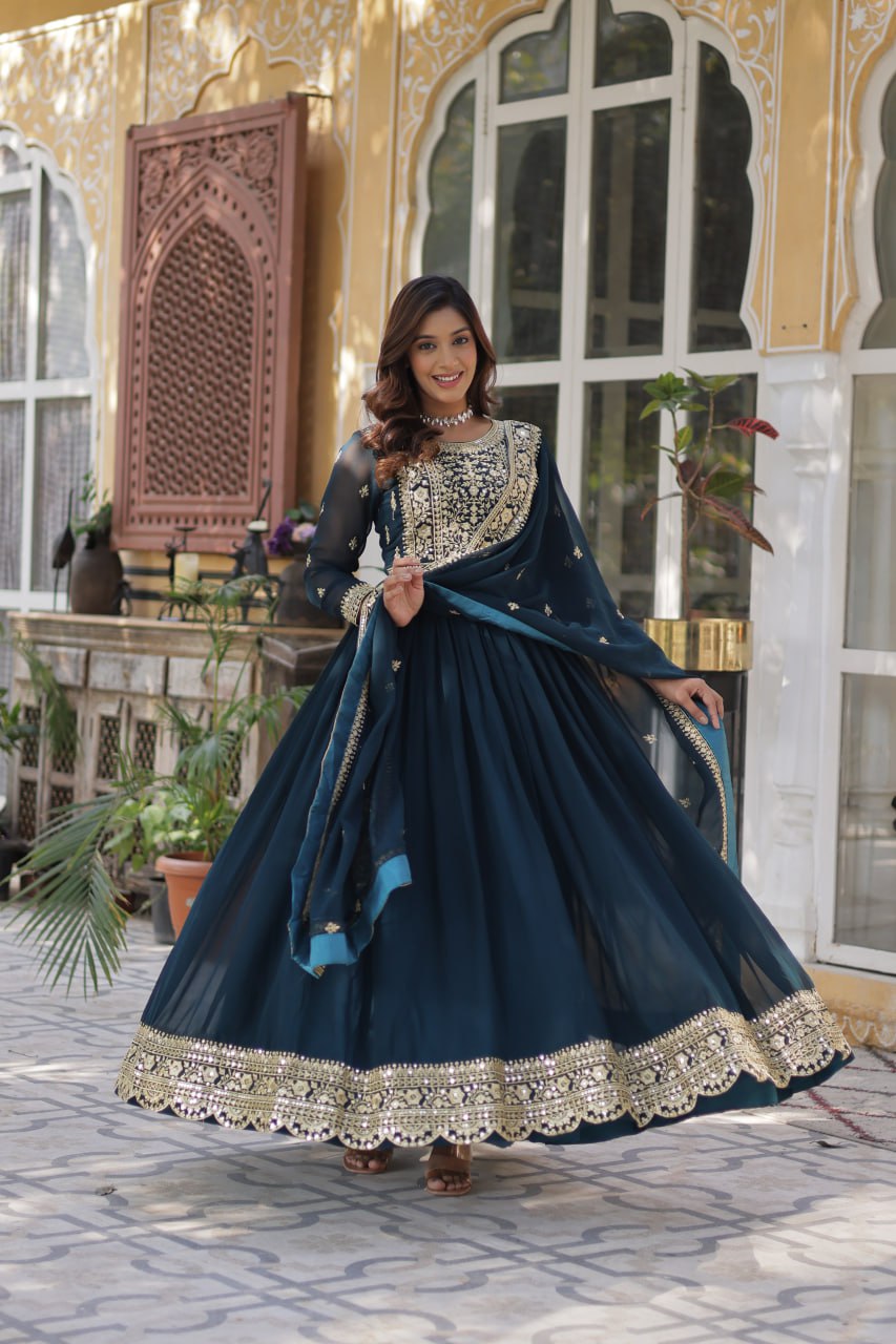 Women's Cotton Embroidered Anarkali Gown with Dupatta - Image 6