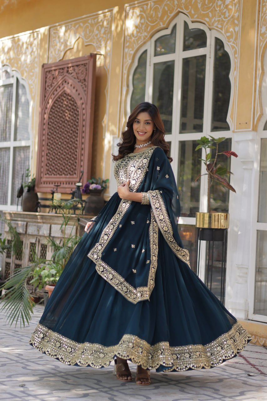 Women's Cotton Embroidered Anarkali Gown with Dupatta - Image 8