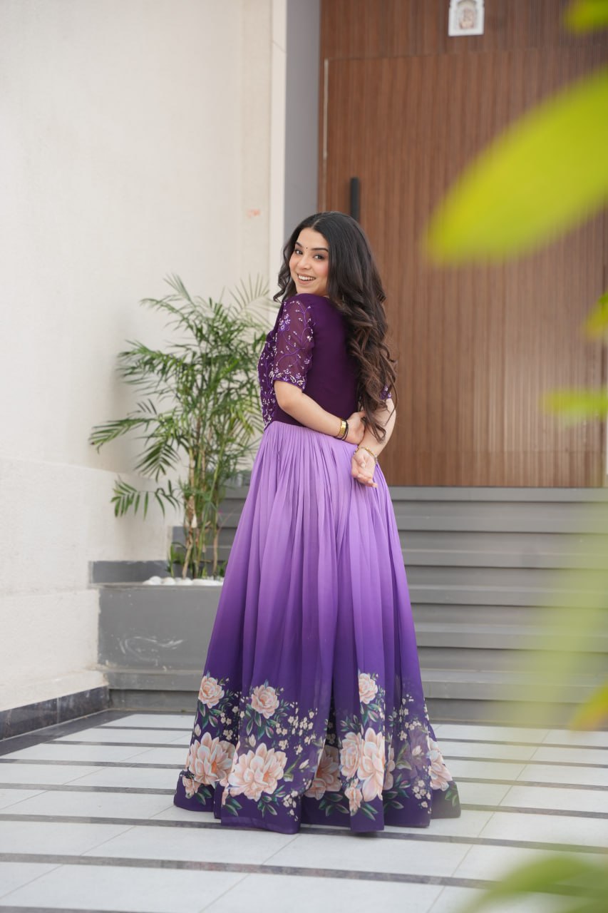 Women's Cotton Floral Printed Anarkali Gown Dress with Embellished Bodice – Party Wear - Image 3