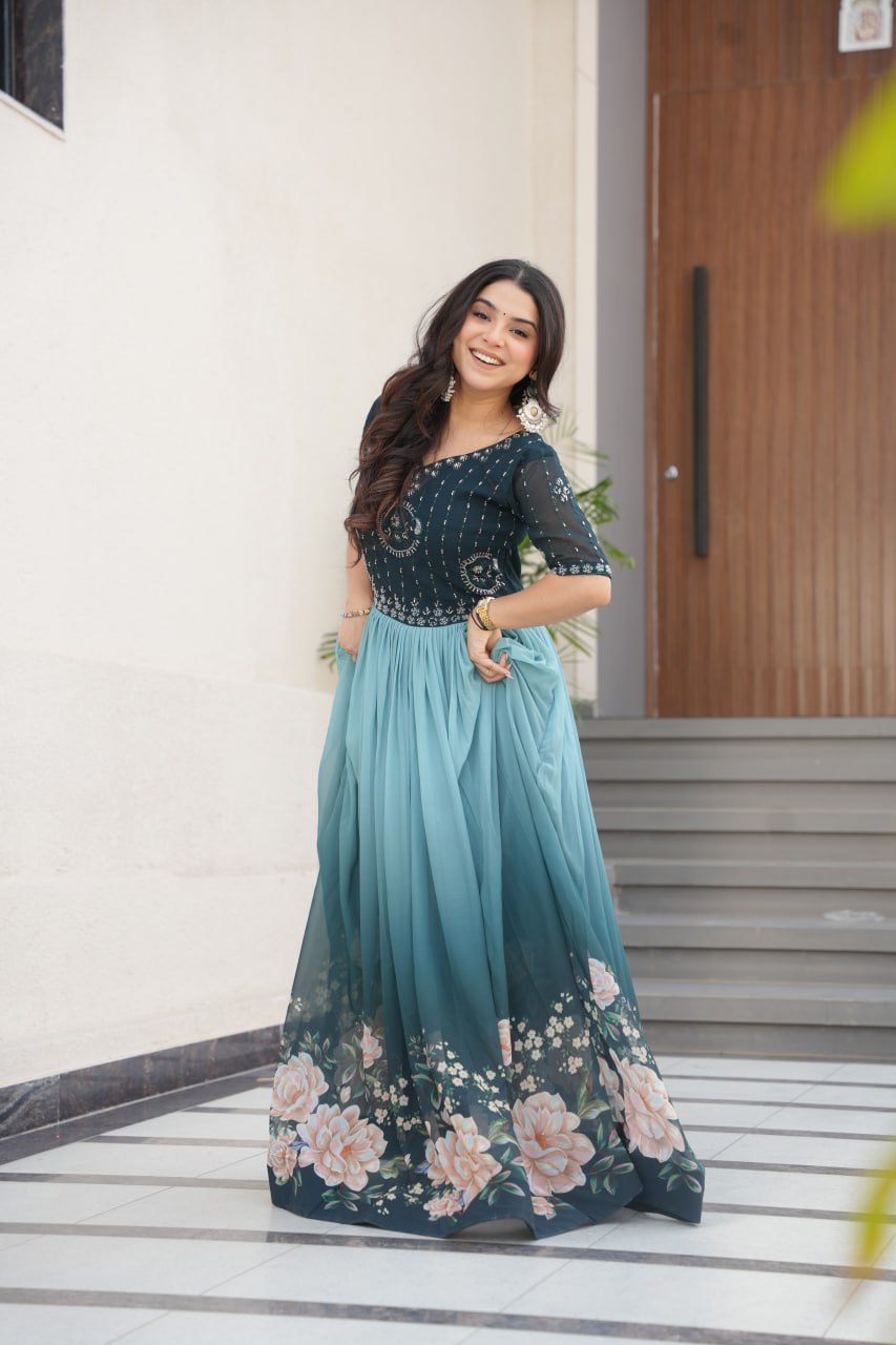 Women's Cotton Floral Printed Anarkali Gown Dress with Embellished Bodice – Party Wear - Image 24