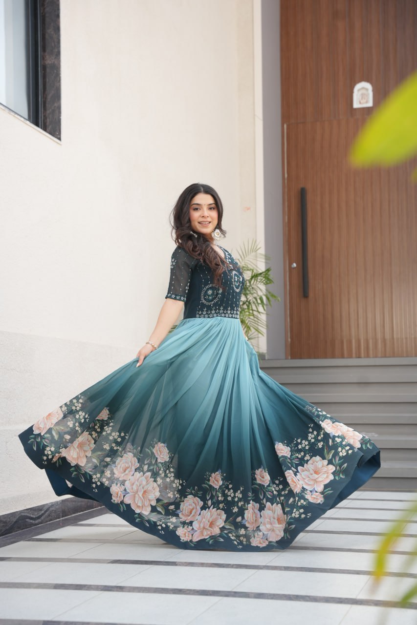 Women's Cotton Floral Printed Anarkali Gown Dress with Embellished Bodice – Party Wear - Image 26