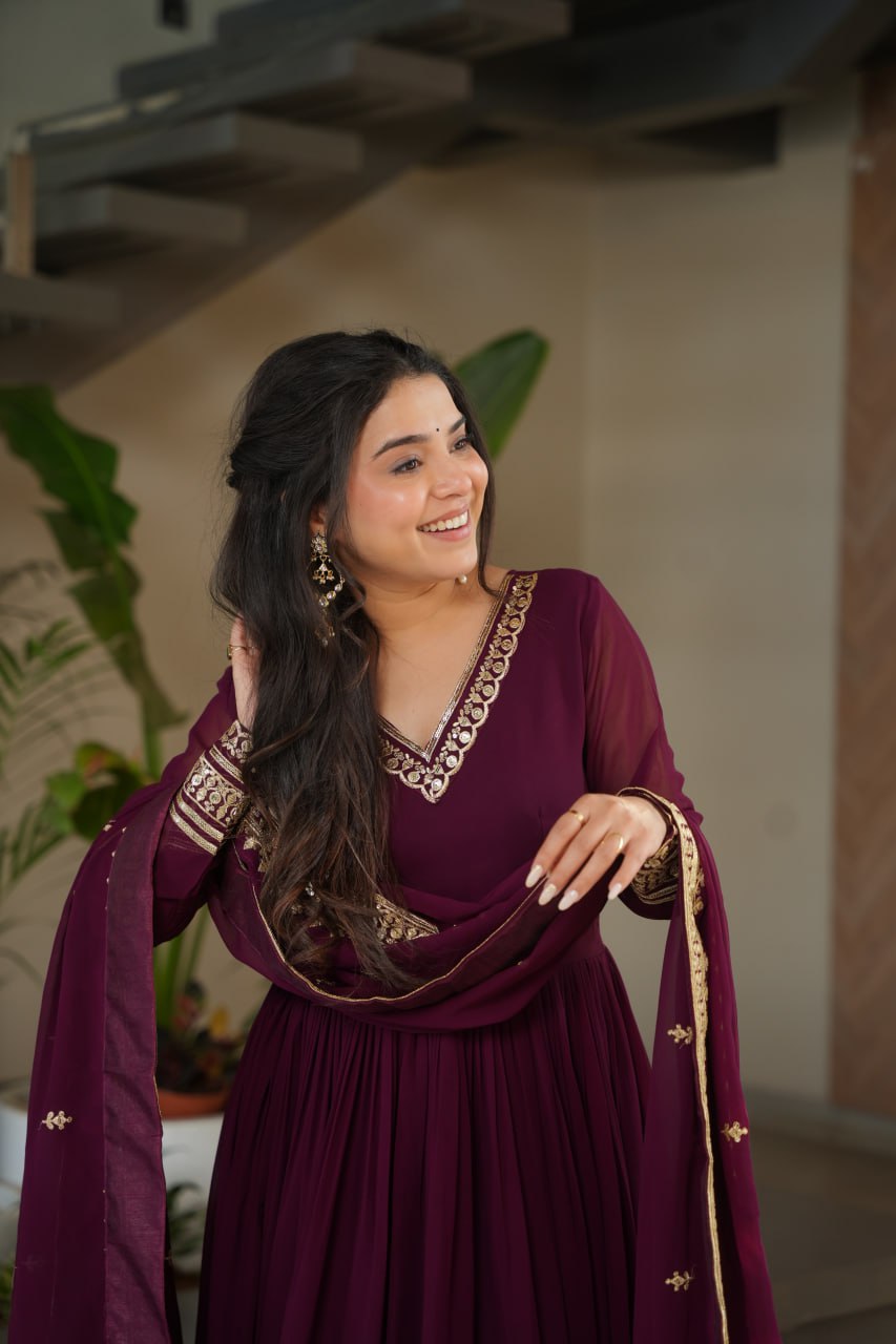 Women's Cotton Embroidered Anarkali Gown with Dupatta – Maroon Festive Wear Set - Image 9