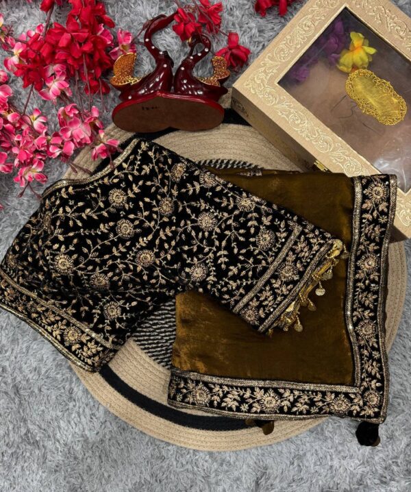 Women's Luxe Olive-Gold Silk Saree with Heavily Embellished Blouse & Border – Ideal for Evening, Wedding & Reception Wear - Image 11