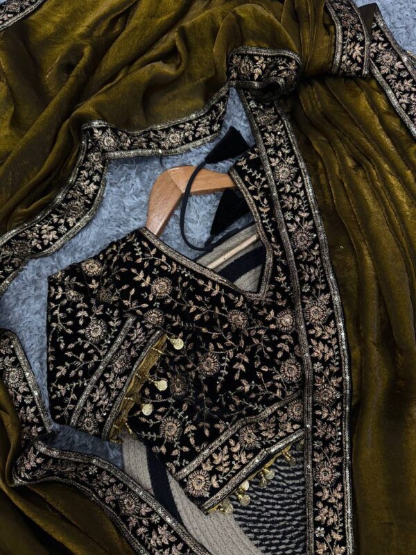 Women's Luxe Olive-Gold Silk Saree with Heavily Embellished Blouse & Border – Ideal for Evening, Wedding & Reception Wear - Image 4
