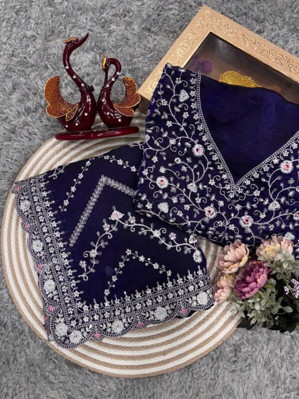 Royal Blue Embroidered Blouse Piece with Intricate Mirror, Sequin & Floral Threadwork – Ready-to-Stitch Fabric for Sarees & Festive Ethnic Wear - Image 8