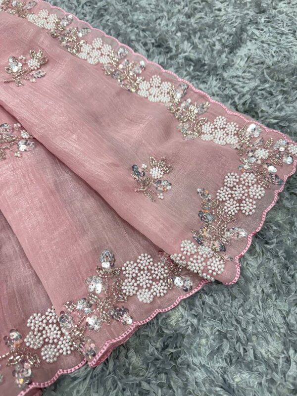 Women's Soft Pink Organza Saree with Delicate Pearl & Sequin Floral Embroidery – Lightweight Sheer Drape for Festive, Wedding & Party Wear - Image 5