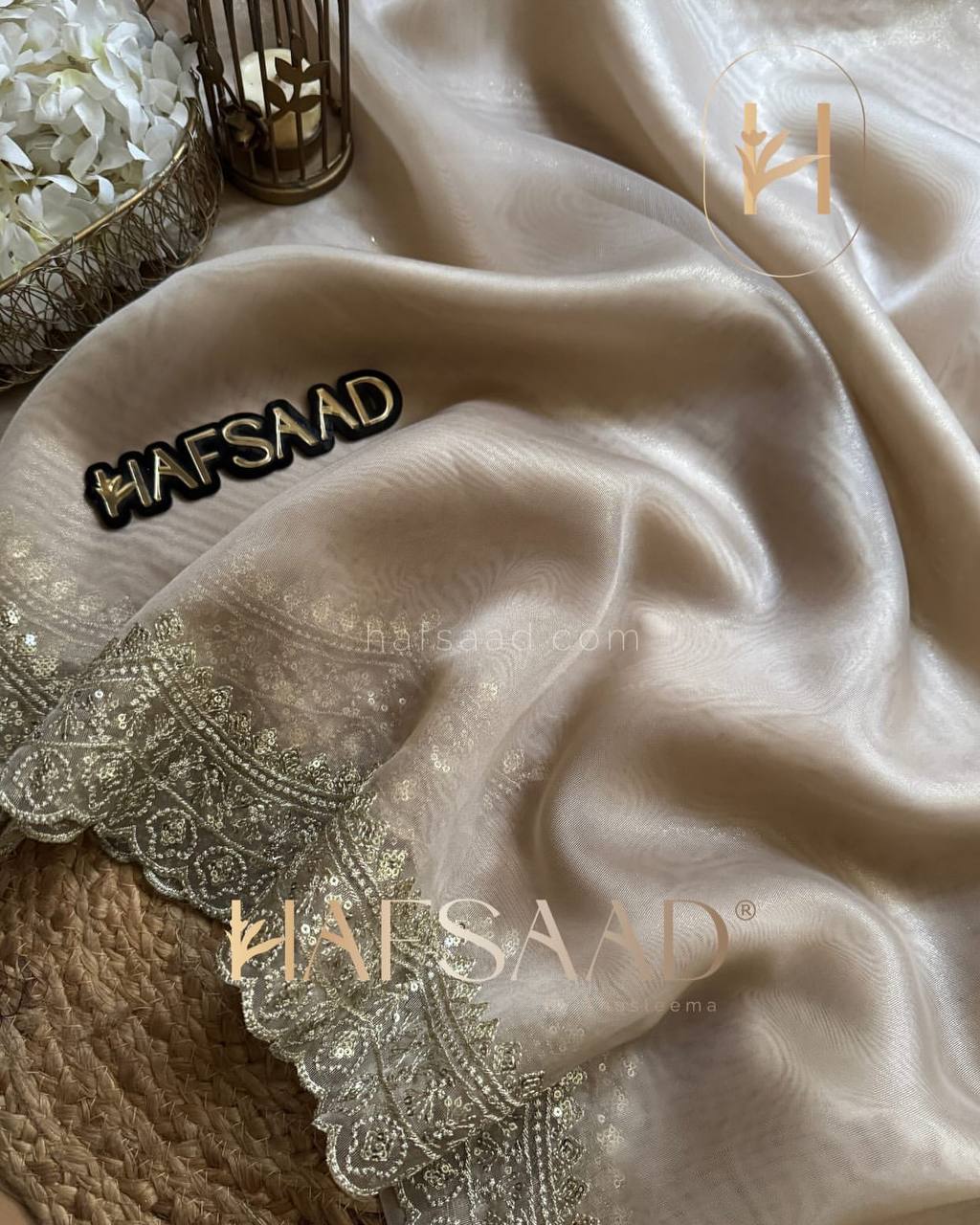 Luxurious Ivory Organza Dupatta with Heavy Golden Sequin & Zari Cutwork Border – Perfect for Weddings & Festive Layering - Image 7