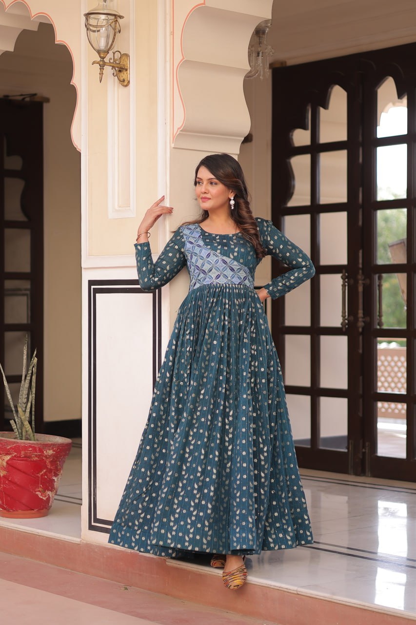 Women's Cotton Printed Anarkali Gown Dress with Embroidered Yoke Design - Image 9