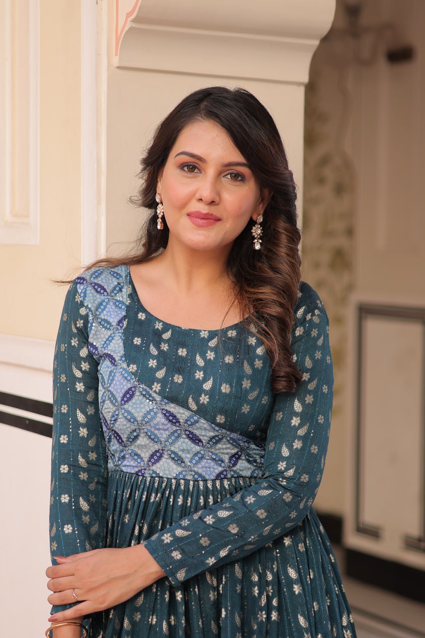 Women's Cotton Printed Anarkali Gown Dress with Embroidered Yoke Design - Image 10