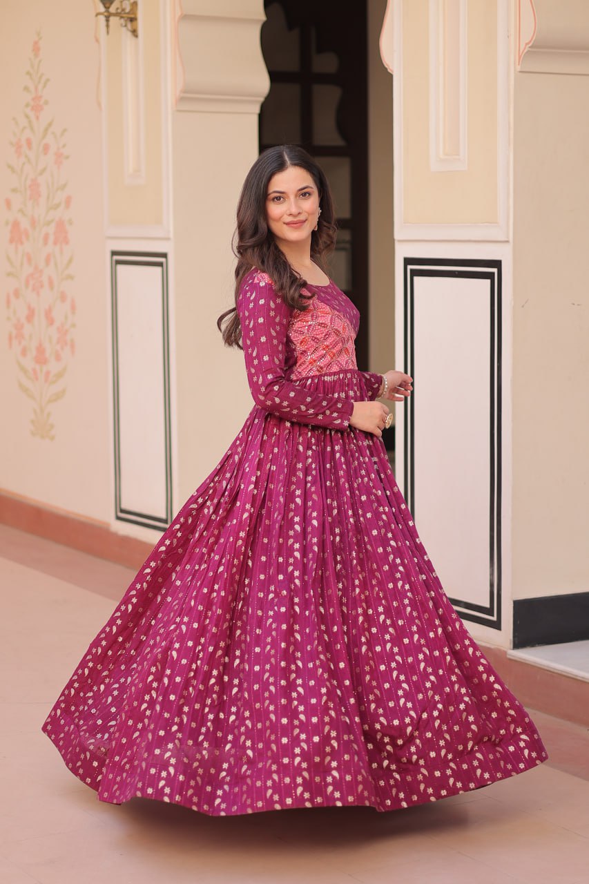 Women's Cotton Printed Anarkali Gown Dress with Embroidered Yoke Design