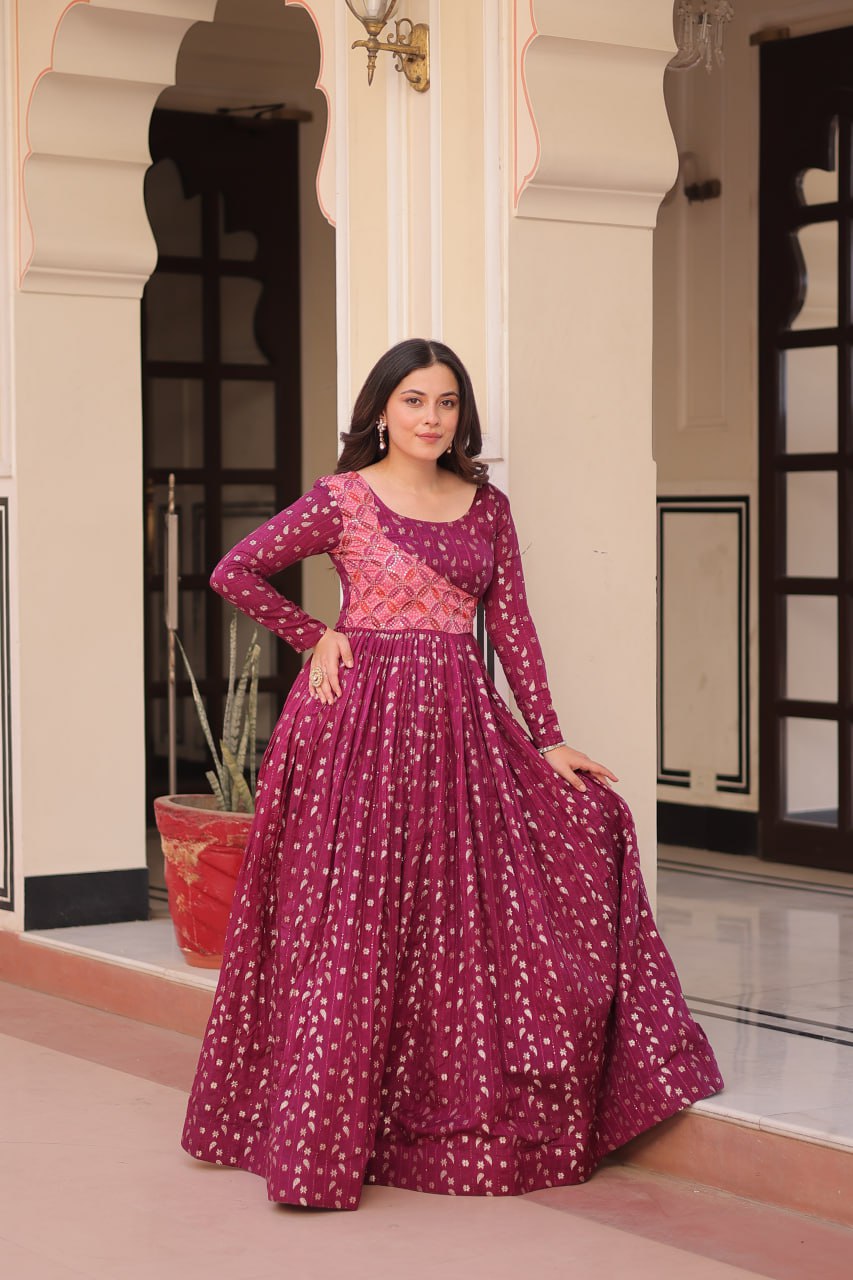 Women's Cotton Printed Anarkali Gown Dress with Embroidered Yoke Design - Image 17