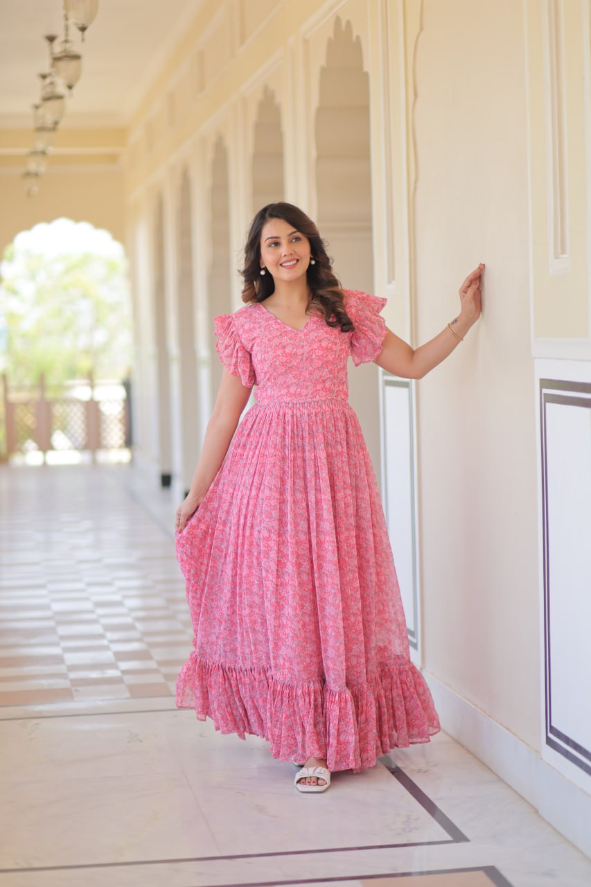 Women's Cotton Floral Printed Ruffle Anarkali Gown Dress (Pink) - Image 4