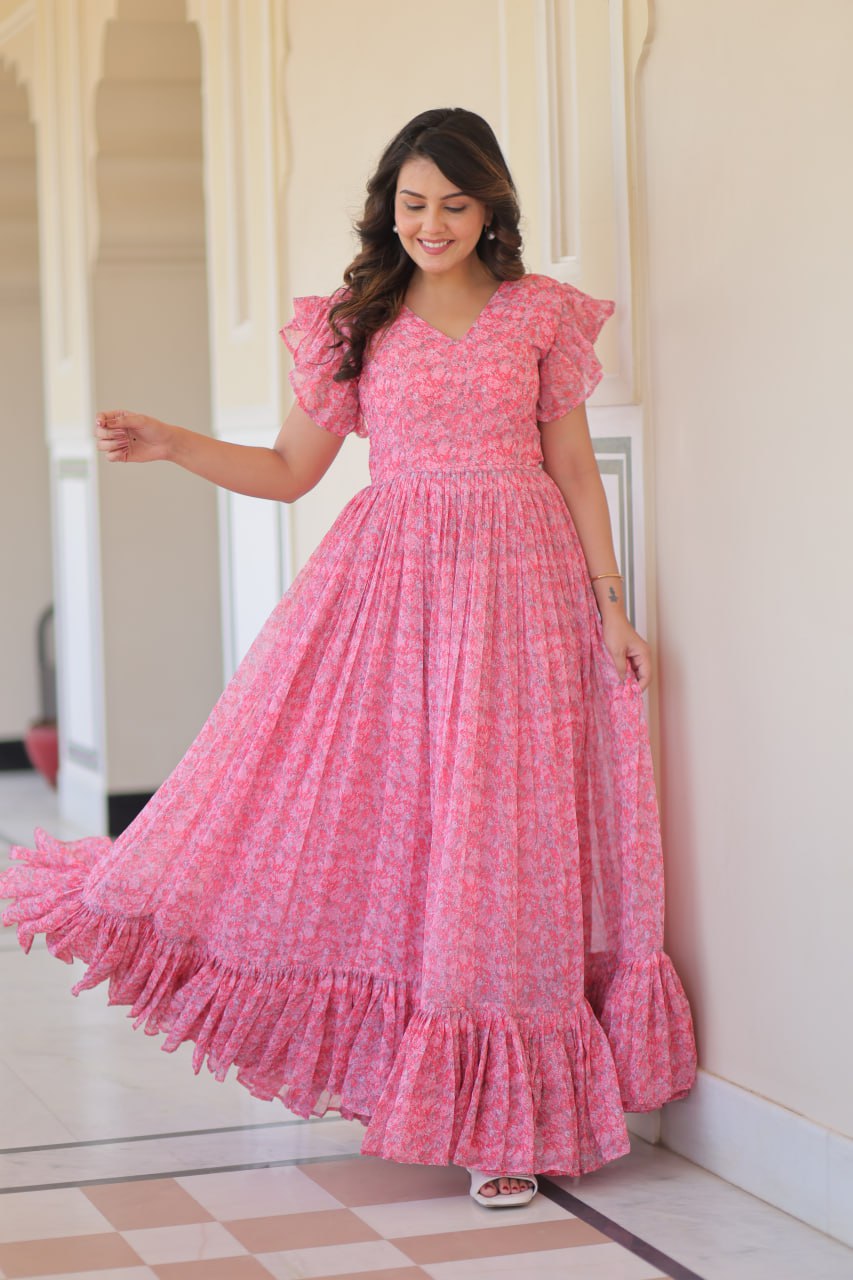 Women's Cotton Floral Printed Ruffle Anarkali Gown Dress (Pink) - Image 8