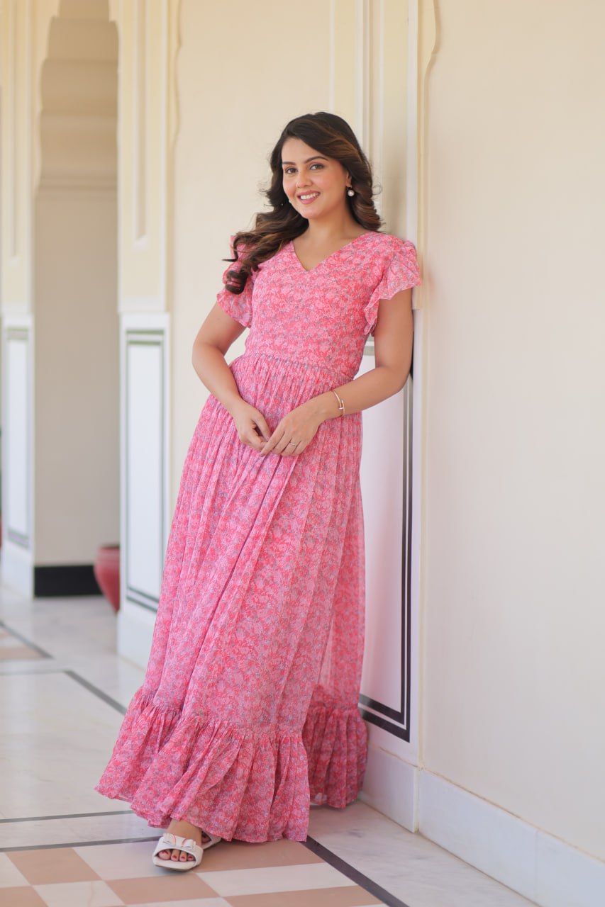 Women's Cotton Floral Printed Ruffle Anarkali Gown Dress (Pink) - Image 10