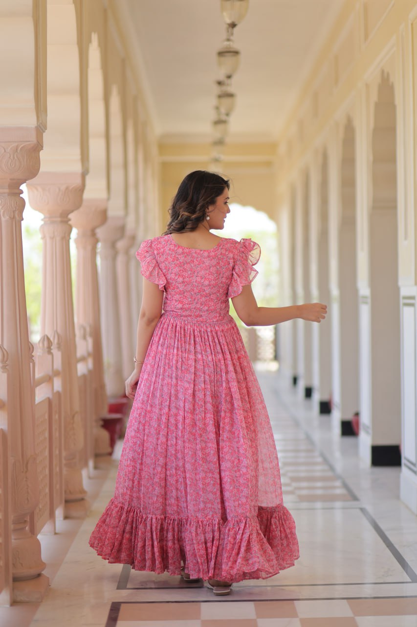 Women's Cotton Floral Printed Ruffle Anarkali Gown Dress (Pink) - Image 11
