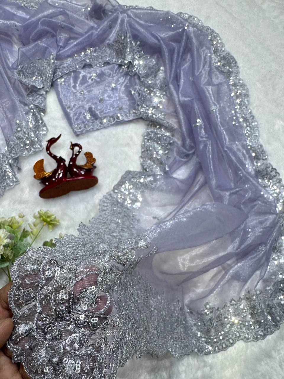 Women's Dreamy Lavender Twill Net Saree with All-Over Silver Sequin & Thread Embroidery – Complete with Heavily Worked Border for Festive & Wedding Wear - Image 6