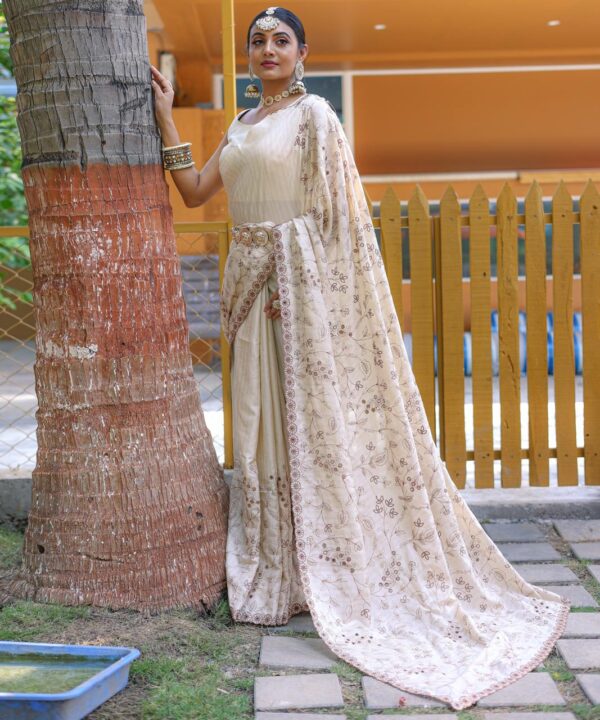 Women's Royal Prussian Blue Georgette Saree with Intricate Silver Thread & Mirror Work Embroidery – Perfect for Festive & Wedding Celebrations - Image 29