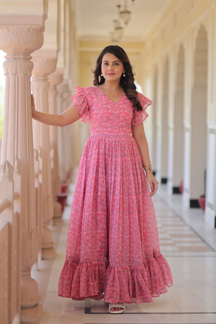 Women's Cotton Floral Printed Ruffle Anarkali Gown Dress (Pink) - Image 12